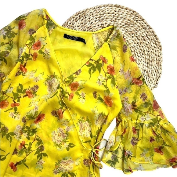 Lauren Ralph Lauren Floral Georgette Chiffon Wrap Bell Sleeve Blouse Size Small - Picture 17 of 17